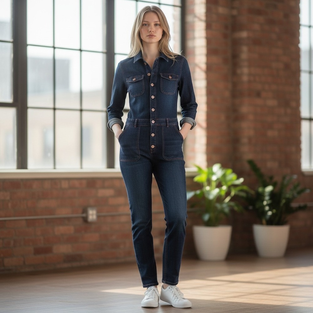 7 For All Mankind Utility Denim Jumpsuit Women Dark Wash XS Long Sleeve Italy